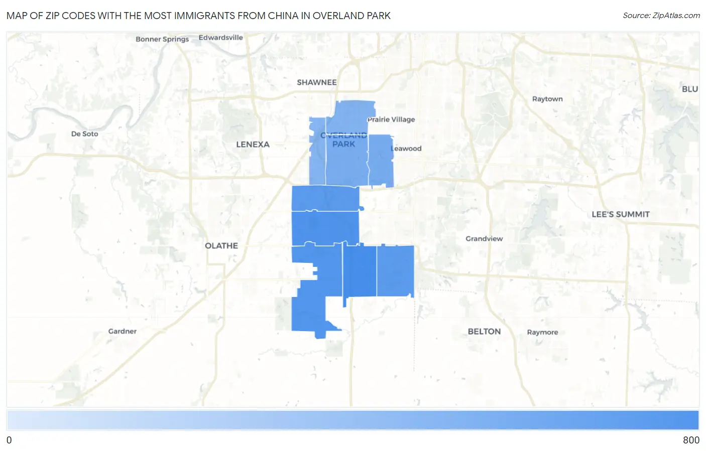 Zip Codes with the Most Immigrants from China in Overland Park Map