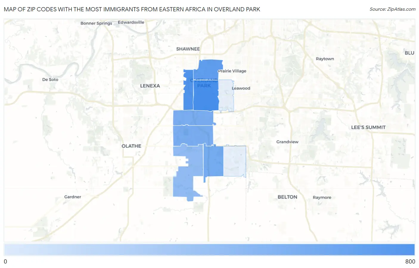 Zip Codes with the Most Immigrants from Eastern Africa in Overland Park Map