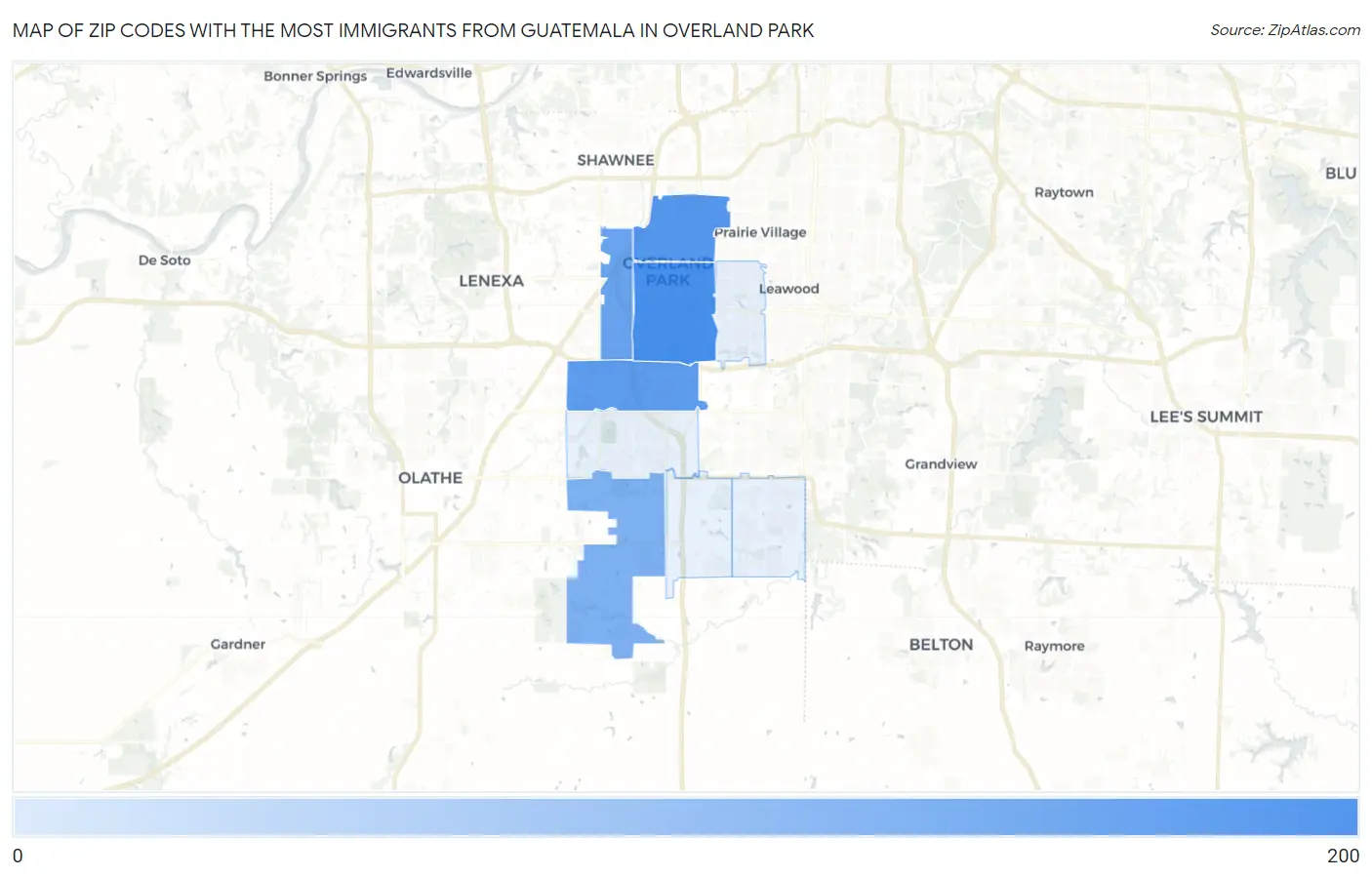 Zip Codes with the Most Immigrants from Guatemala in Overland Park Map