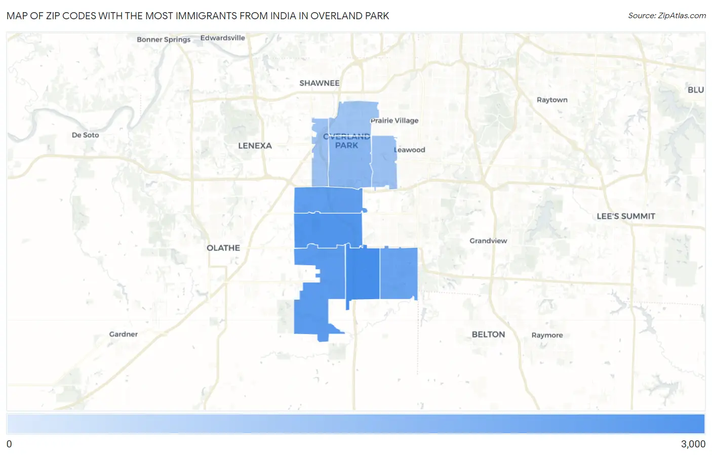 Zip Codes with the Most Immigrants from India in Overland Park Map