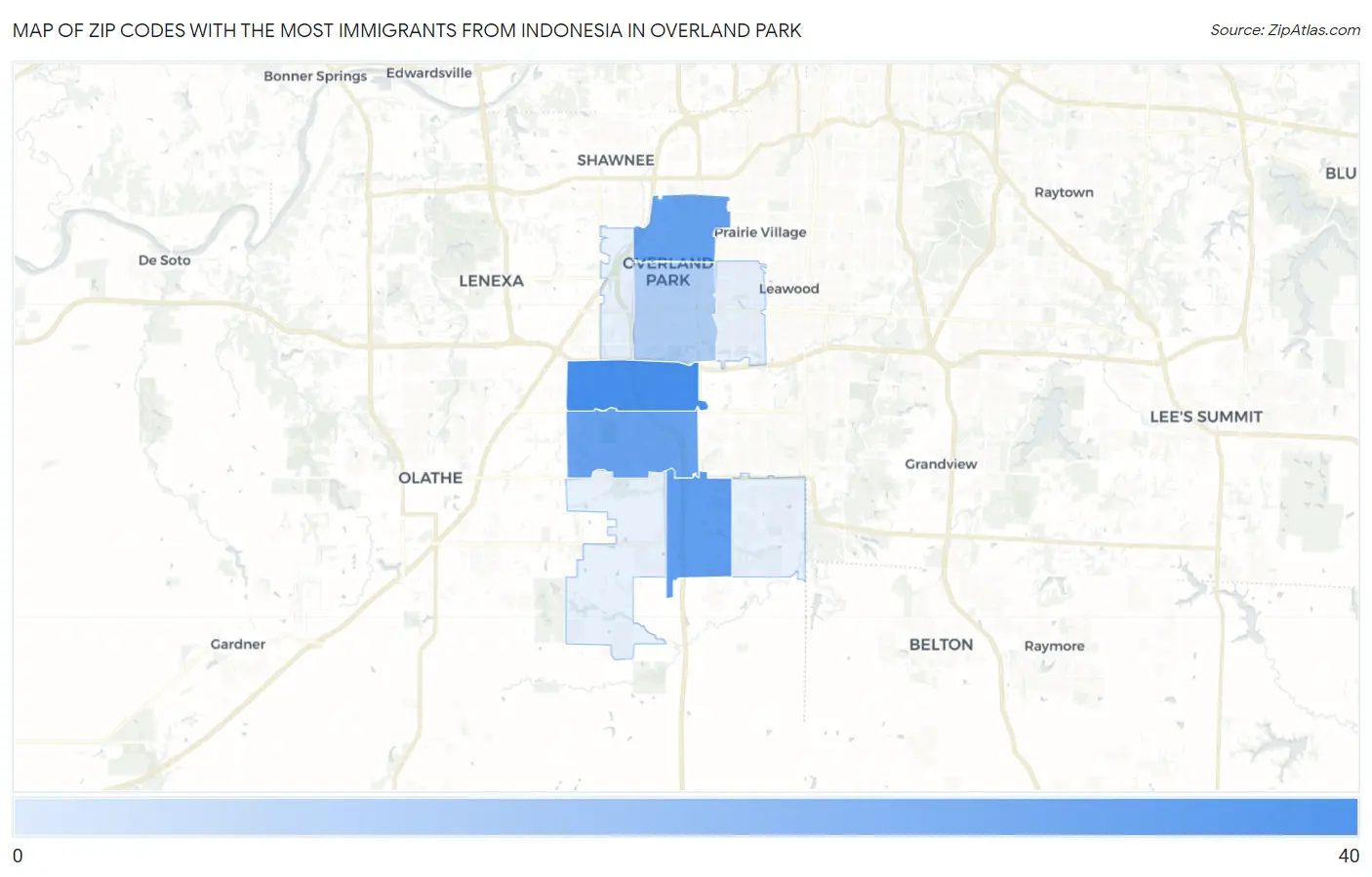 Zip Codes with the Most Immigrants from Indonesia in Overland Park Map