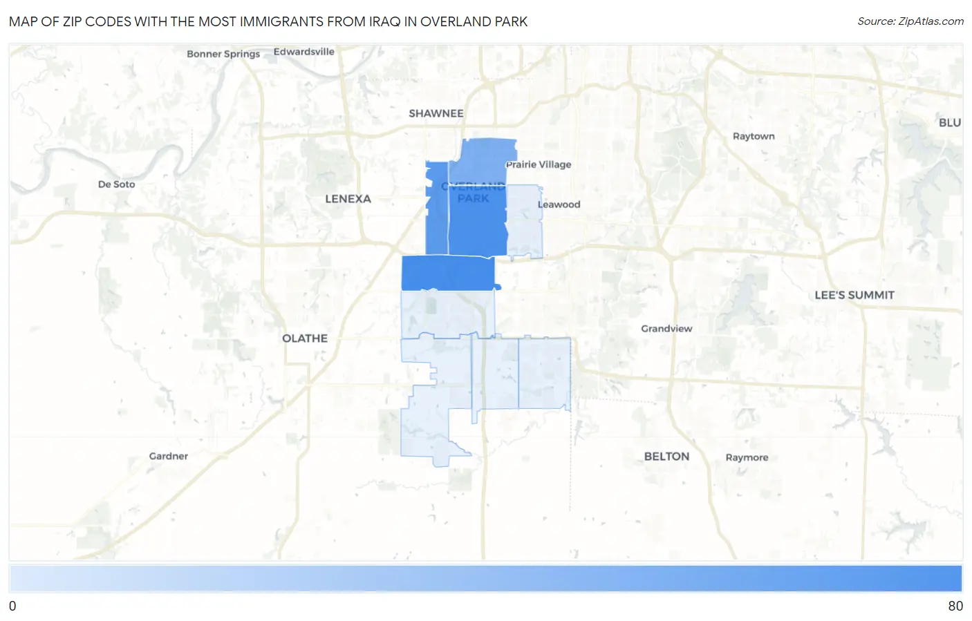 Zip Codes with the Most Immigrants from Iraq in Overland Park Map
