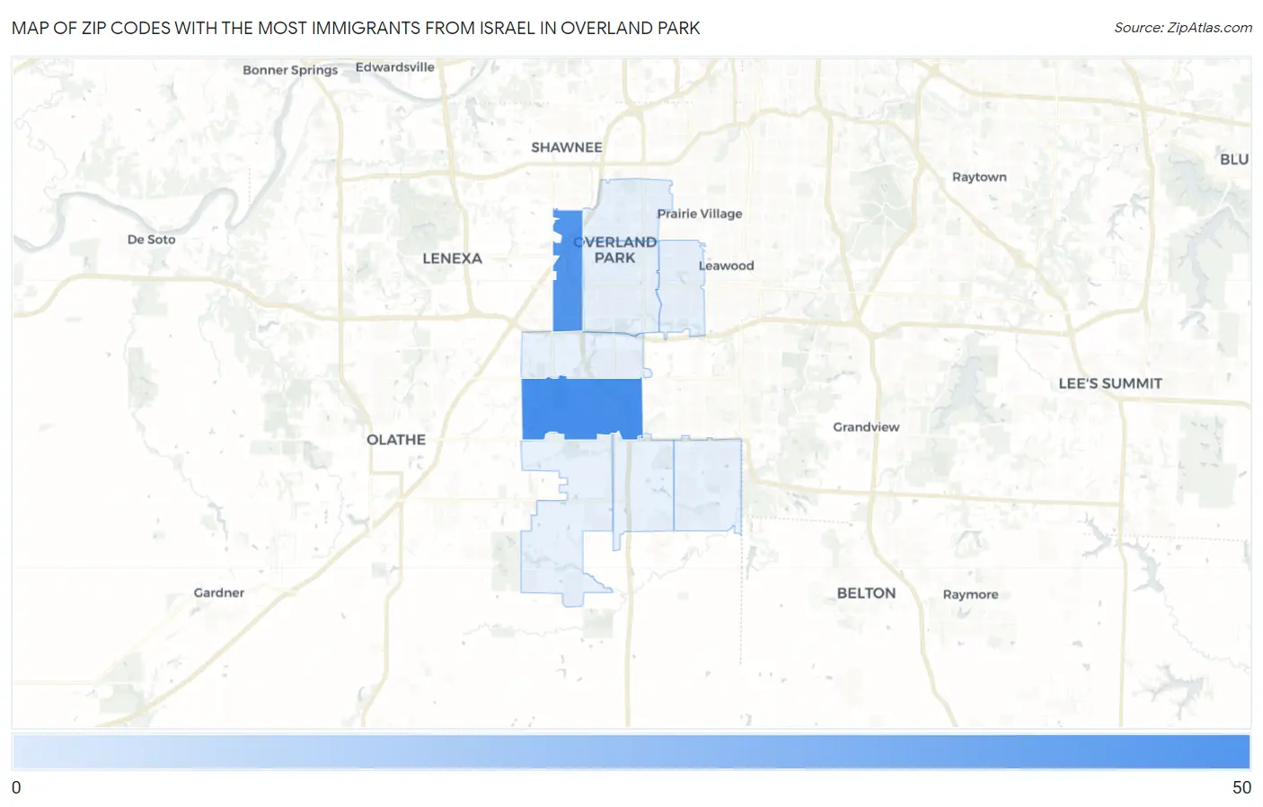 Zip Codes with the Most Immigrants from Israel in Overland Park Map