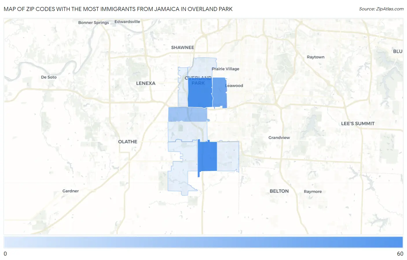 Zip Codes with the Most Immigrants from Jamaica in Overland Park Map