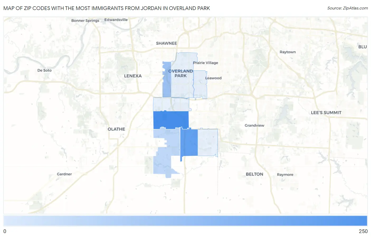 Zip Codes with the Most Immigrants from Jordan in Overland Park Map