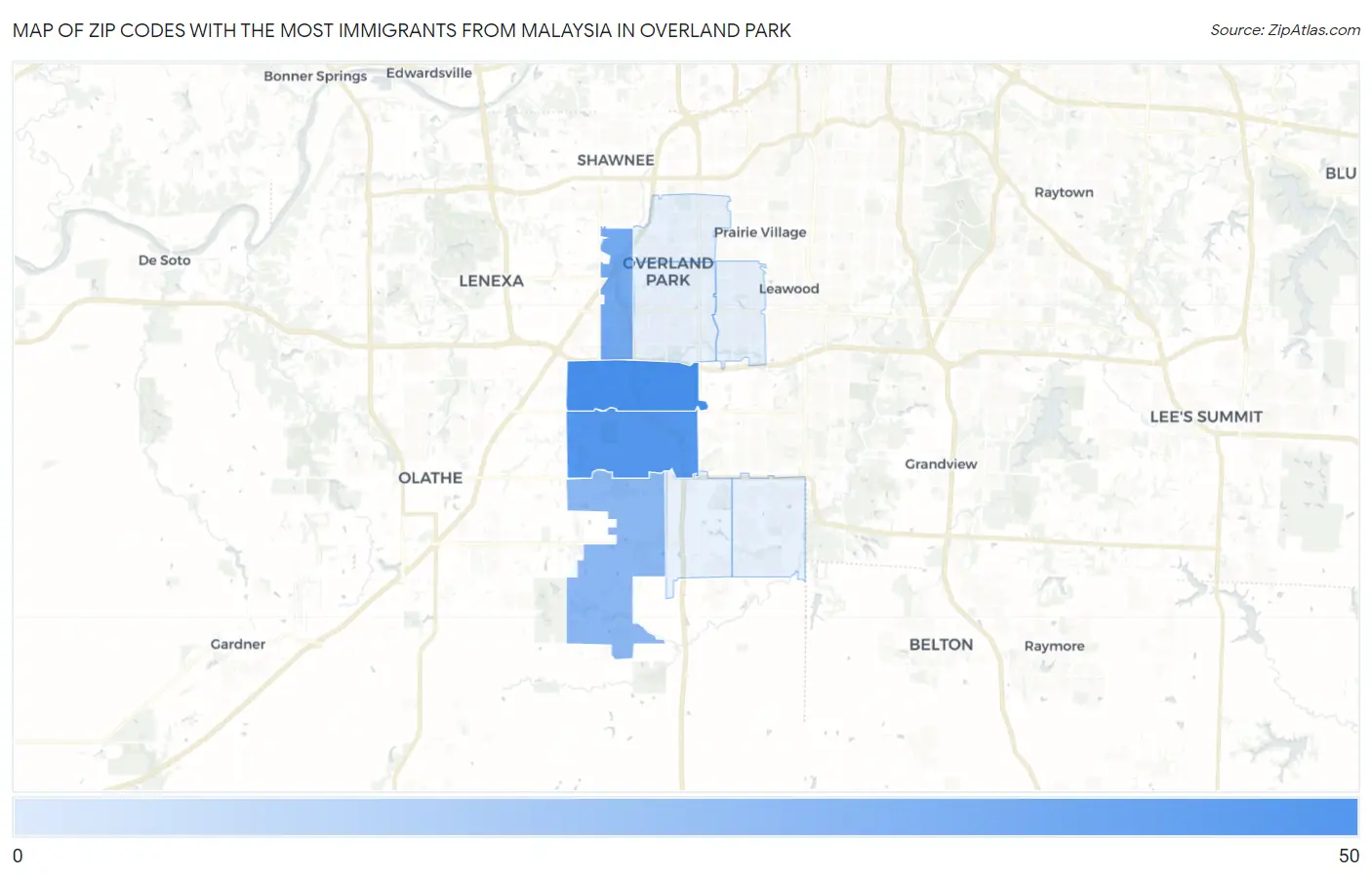Zip Codes with the Most Immigrants from Malaysia in Overland Park Map