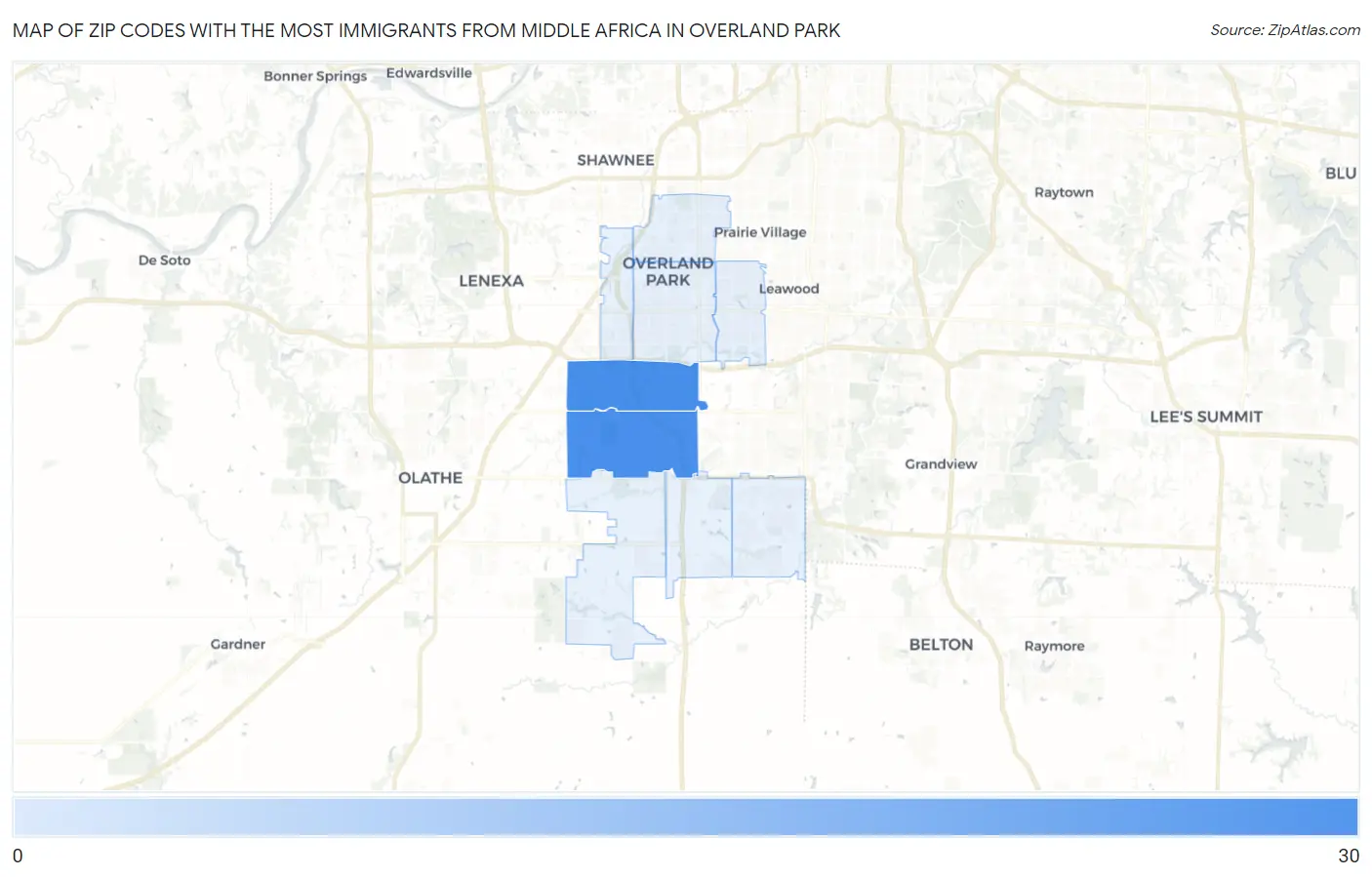 Zip Codes with the Most Immigrants from Middle Africa in Overland Park Map