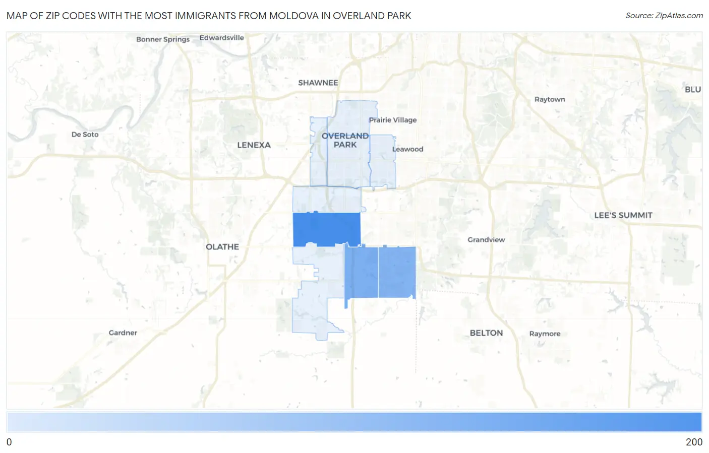 Zip Codes with the Most Immigrants from Moldova in Overland Park Map