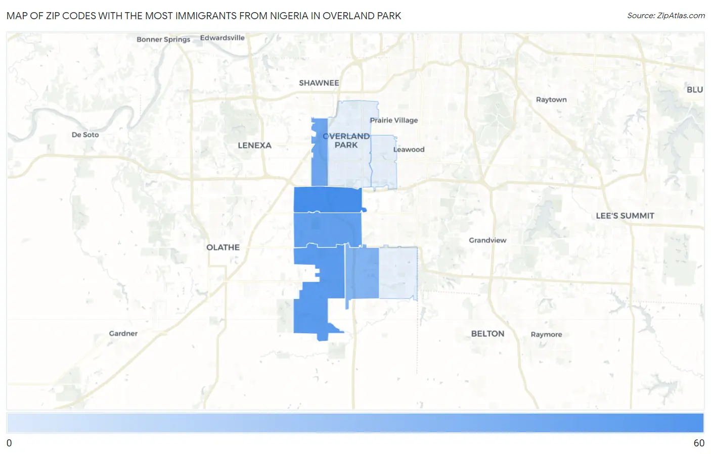 Zip Codes with the Most Immigrants from Nigeria in Overland Park Map