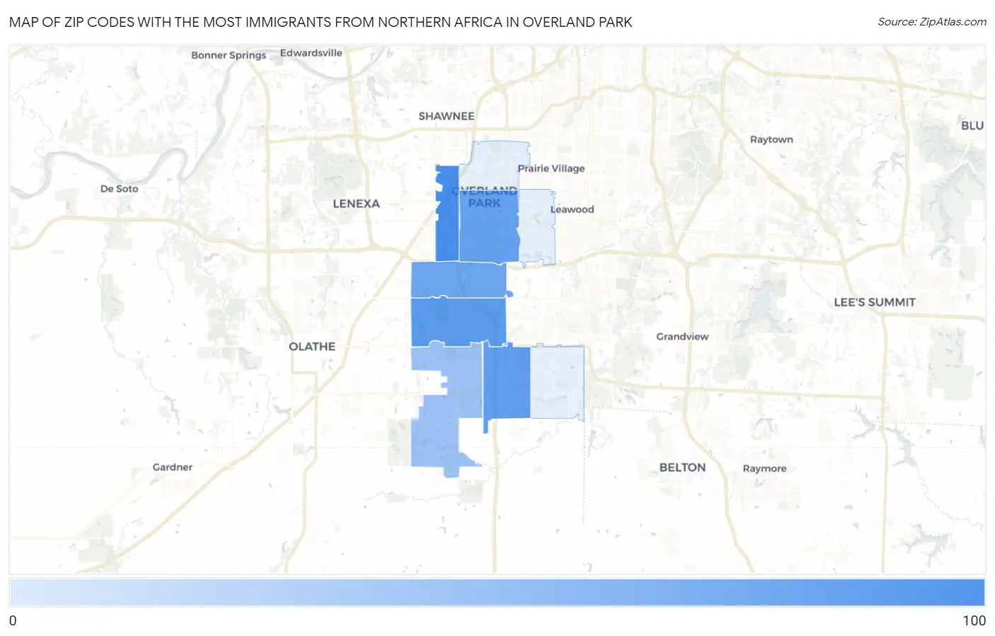 Zip Codes with the Most Immigrants from Northern Africa in Overland Park Map