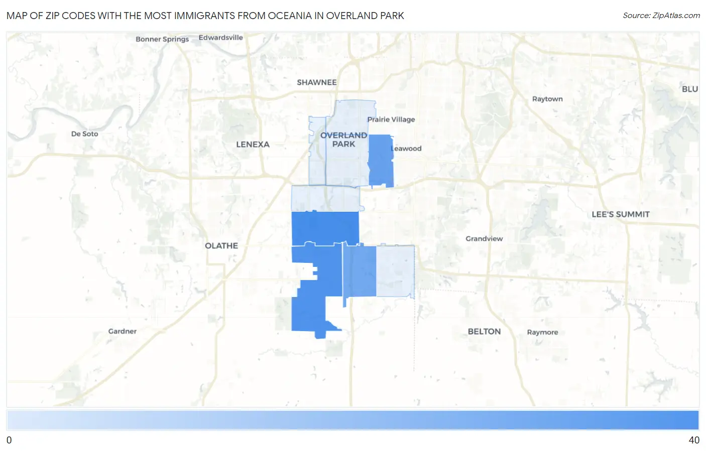 Zip Codes with the Most Immigrants from Oceania in Overland Park Map