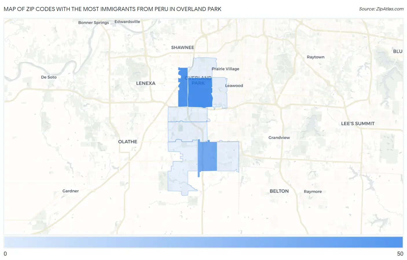 Zip Codes with the Most Immigrants from Peru in Overland Park Map
