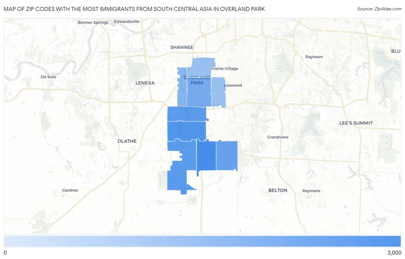 Zip Codes with the Most Immigrants from South Central Asia in Overland Park Map