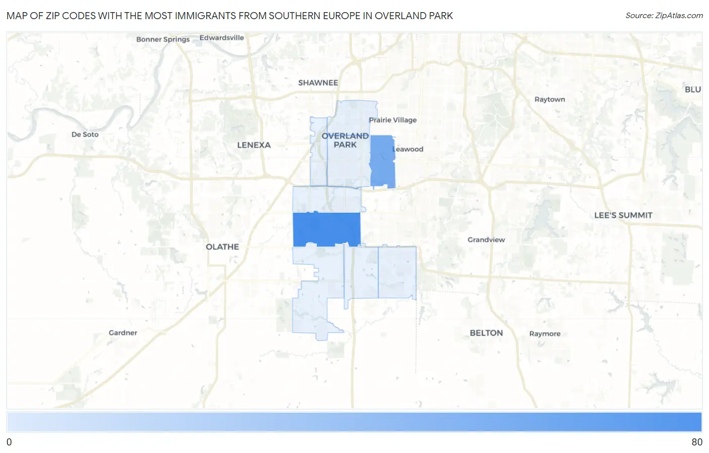 Zip Codes with the Most Immigrants from Southern Europe in Overland Park Map