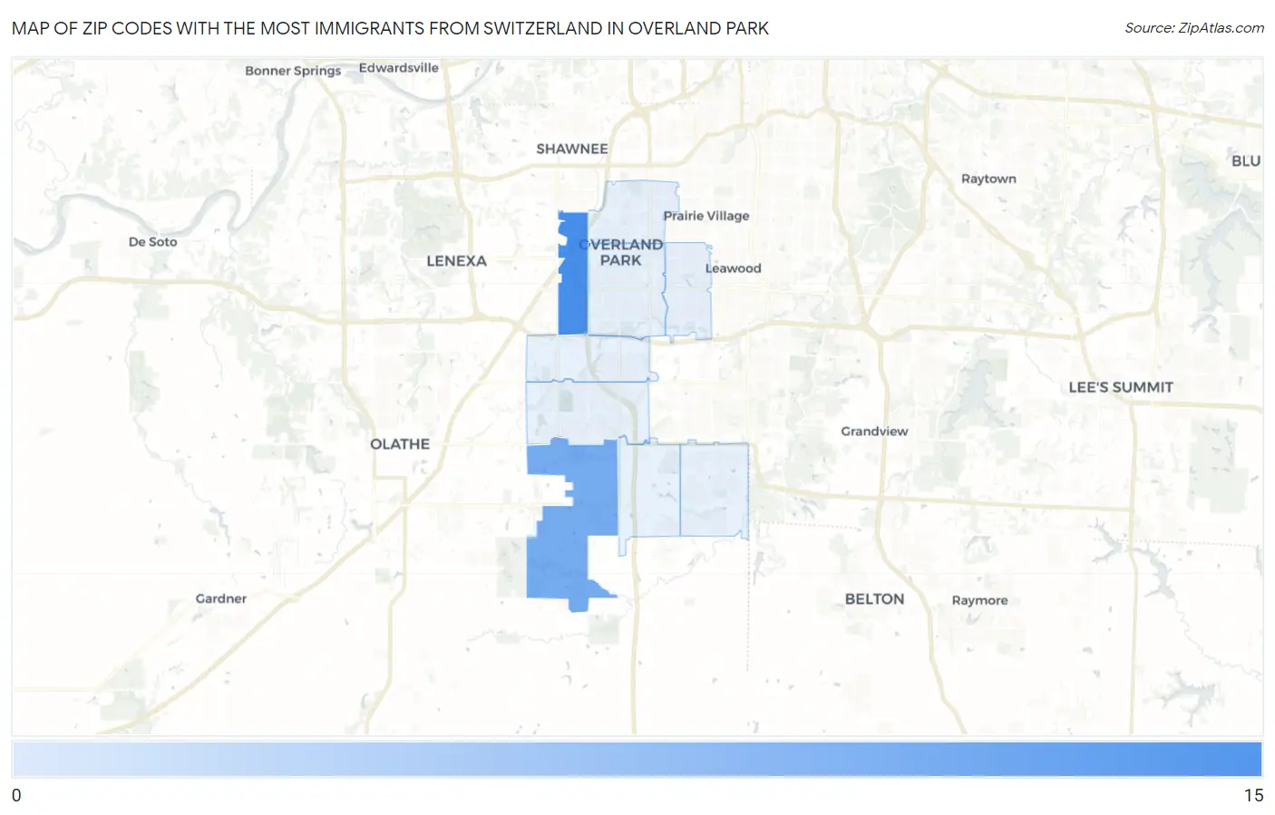 Zip Codes with the Most Immigrants from Switzerland in Overland Park Map