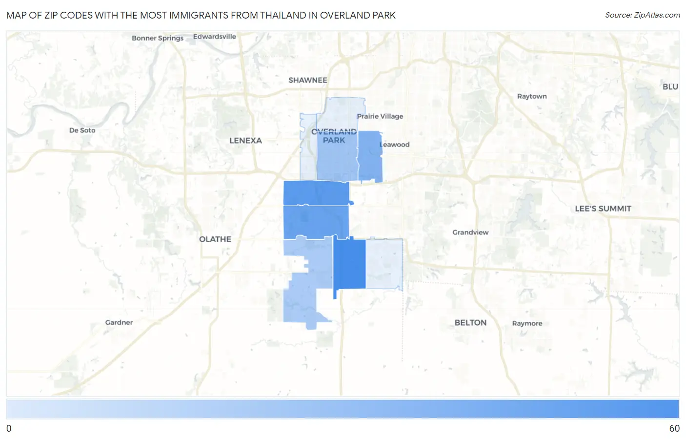 Zip Codes with the Most Immigrants from Thailand in Overland Park Map
