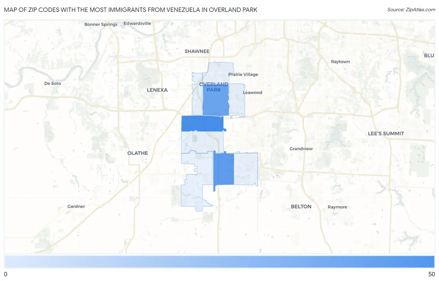 Zip Codes with the Most Immigrants from Venezuela in Overland Park Map