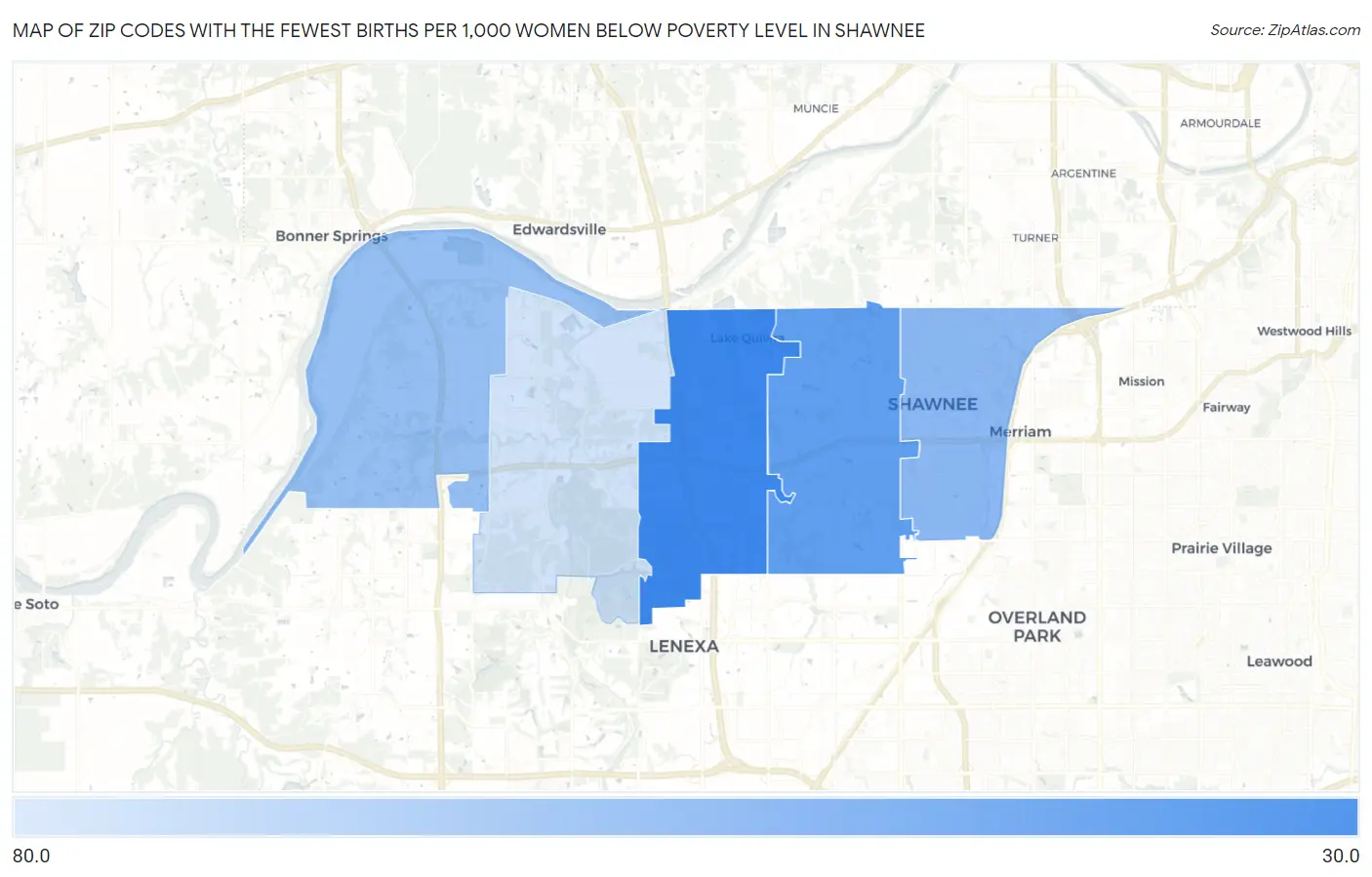 Zip Codes with the Fewest Births per 1,000 Women Below Poverty Level in Shawnee Map