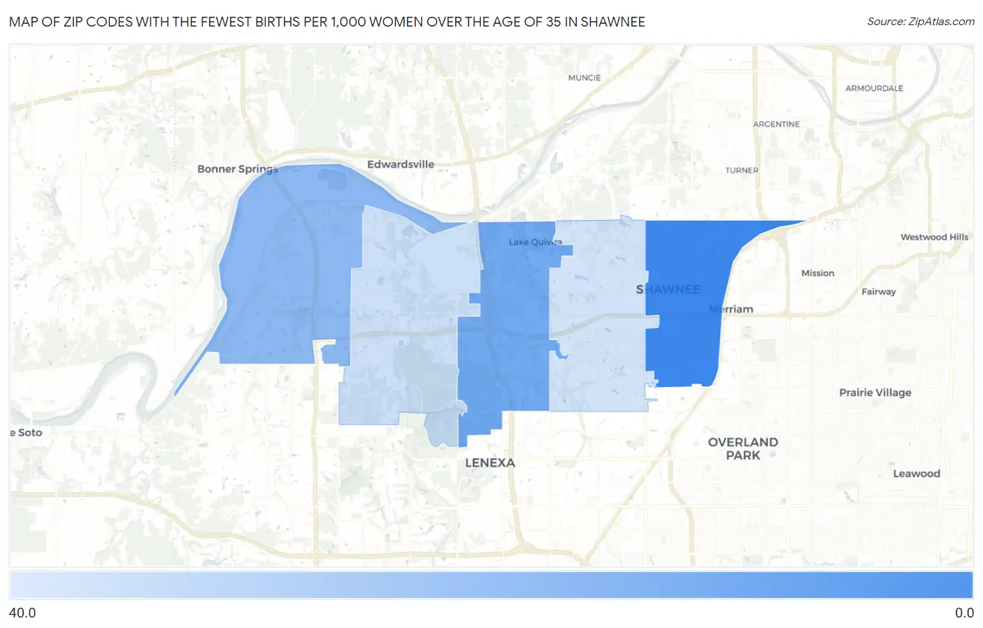 Zip Codes with the Fewest Births per 1,000 Women Over the Age of 35 in Shawnee Map