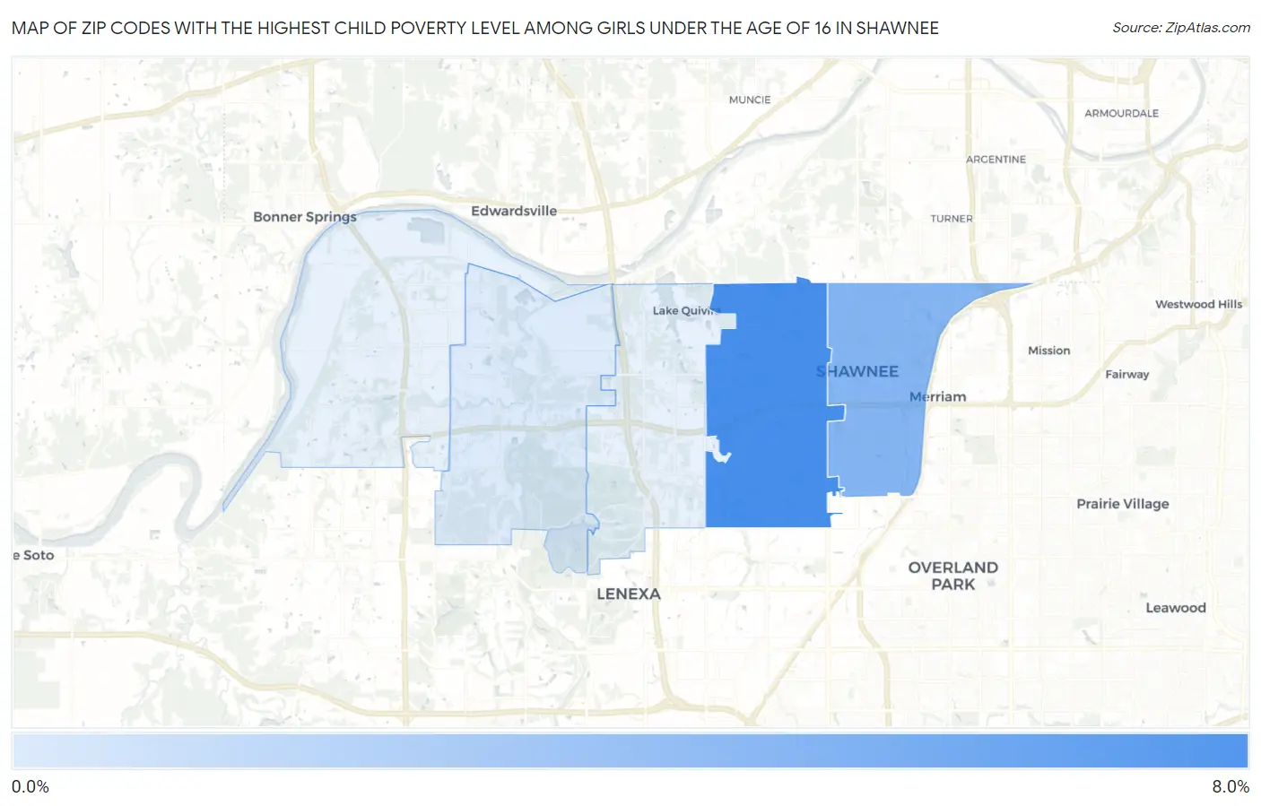 Zip Codes with the Highest Child Poverty Level Among Girls Under the Age of 16 in Shawnee Map