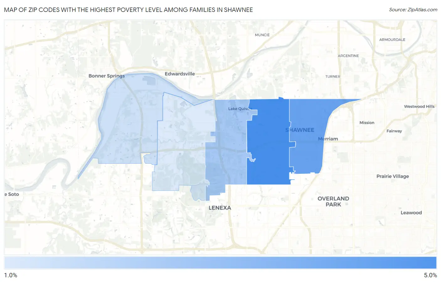 Zip Codes with the Highest Poverty Level Among Families in Shawnee Map