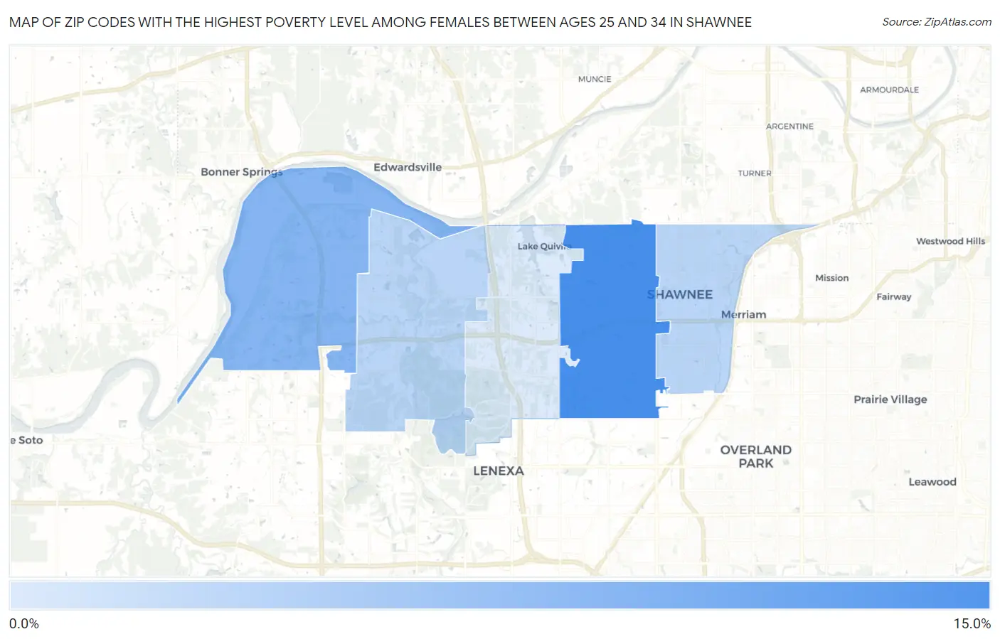 Zip Codes with the Highest Poverty Level Among Females Between Ages 25 and 34 in Shawnee Map