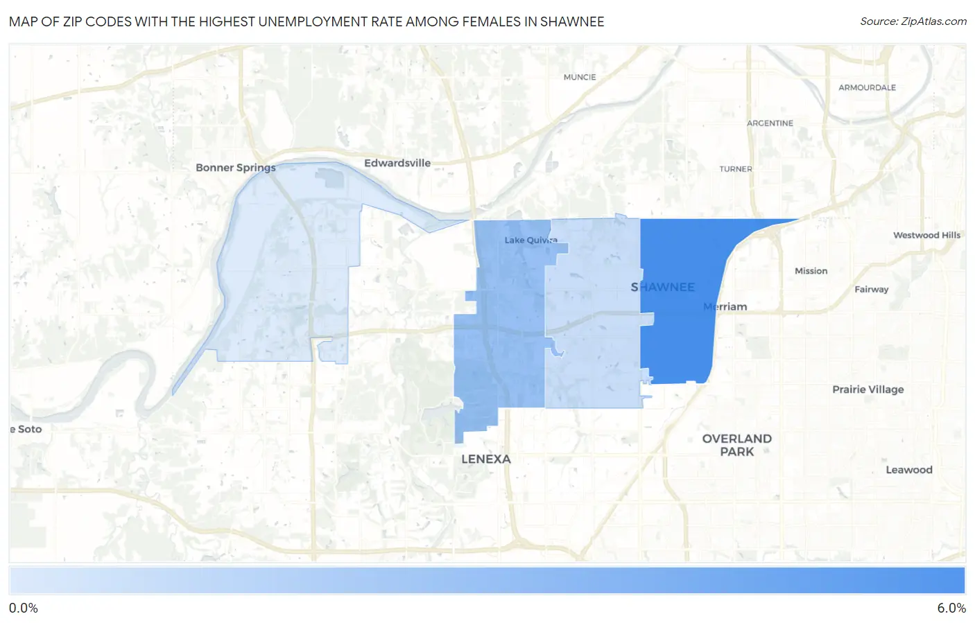 Zip Codes with the Highest Unemployment Rate Among Females in Shawnee Map