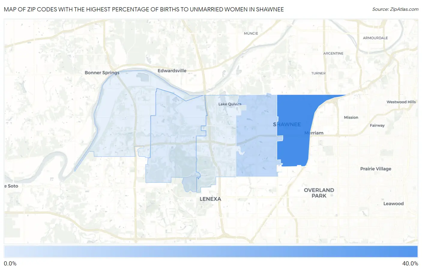 Zip Codes with the Highest Percentage of Births to Unmarried Women in Shawnee Map