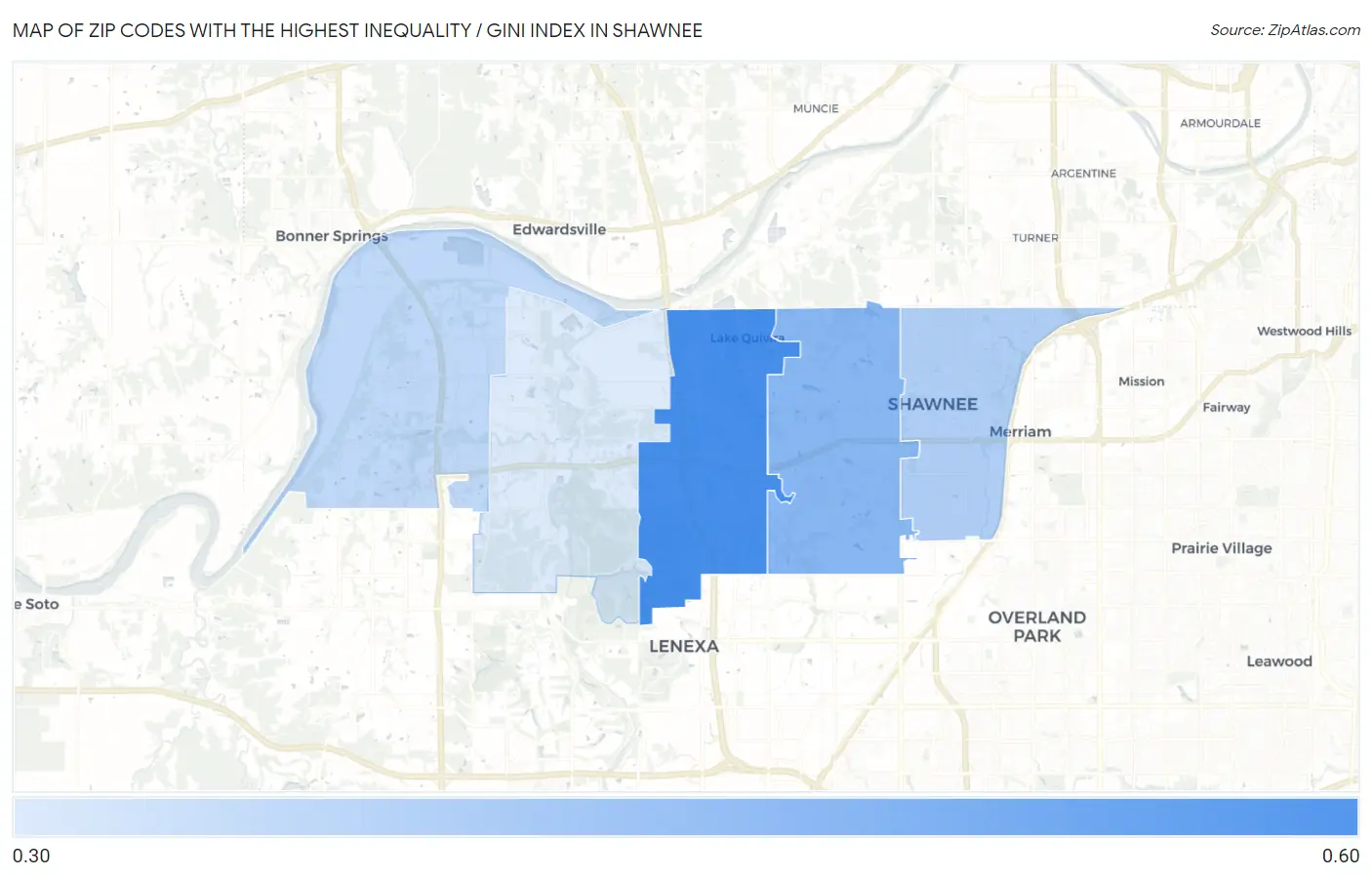 Zip Codes with the Highest Inequality / Gini Index in Shawnee Map