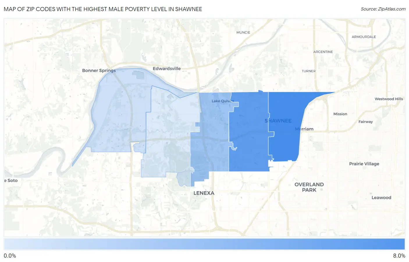 Zip Codes with the Highest Male Poverty Level in Shawnee Map