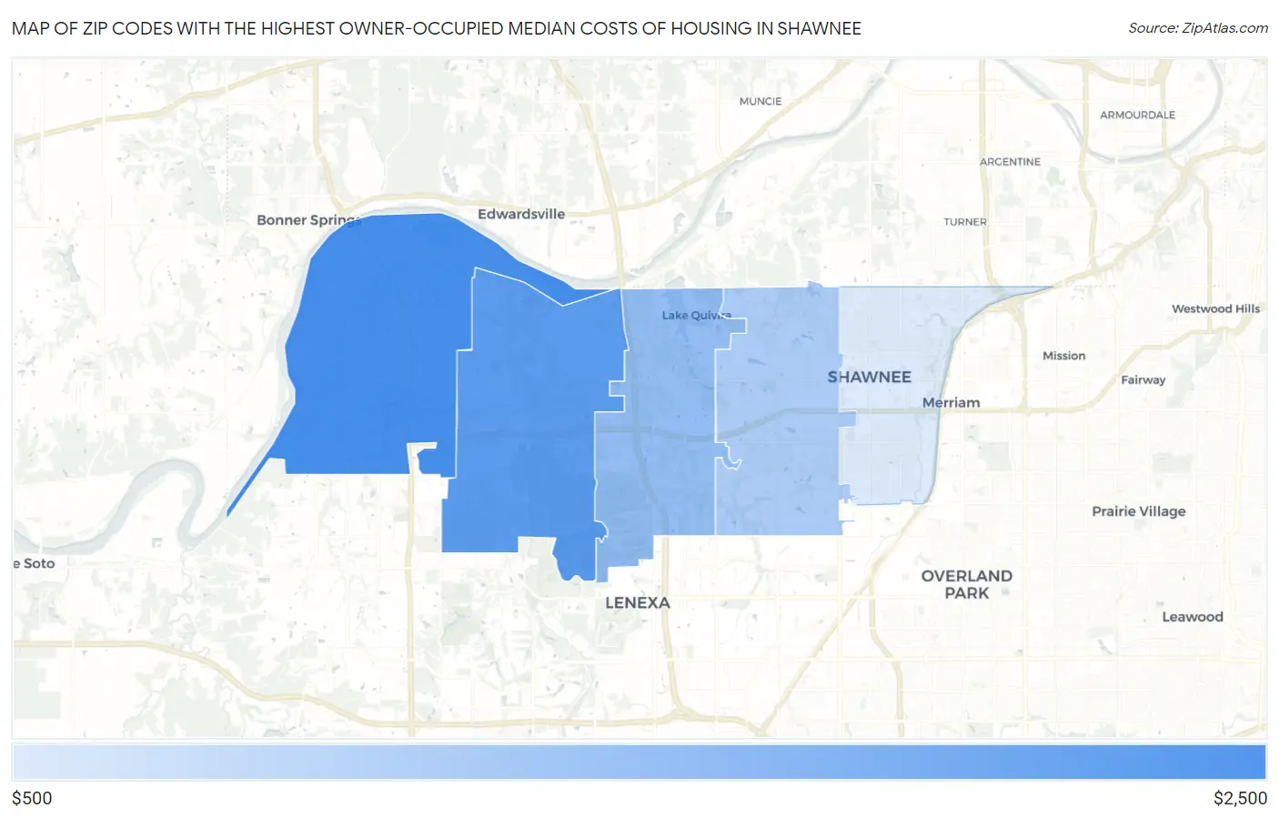Zip Codes with the Highest Owner-Occupied Median Costs of Housing in Shawnee Map