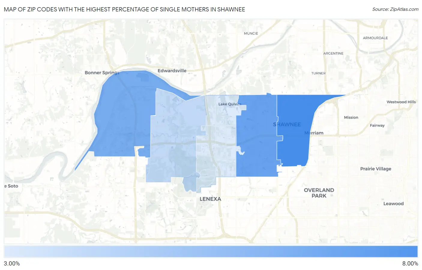 Zip Codes with the Highest Percentage of Single Mothers in Shawnee Map