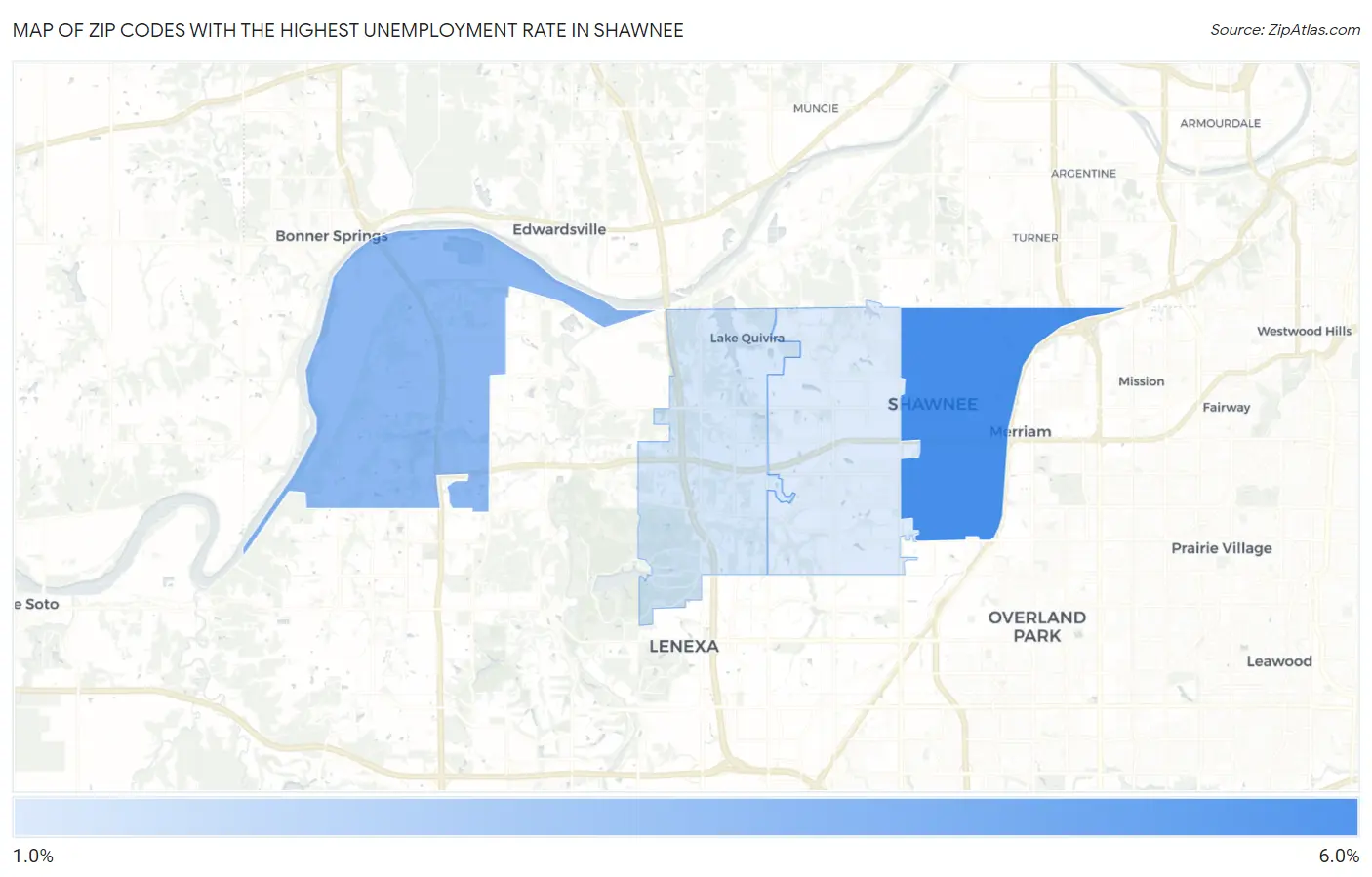 Zip Codes with the Highest Unemployment Rate in Shawnee Map