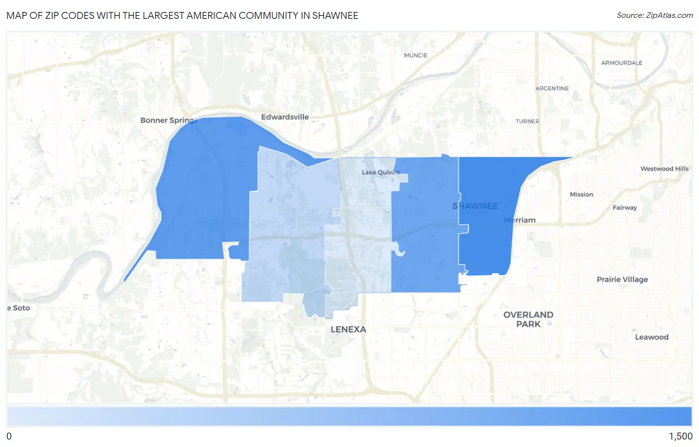 Zip Codes with the Largest American Community in Shawnee Map