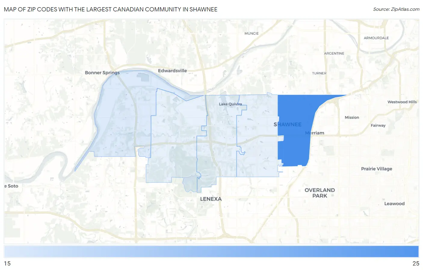 Zip Codes with the Largest Canadian Community in Shawnee Map