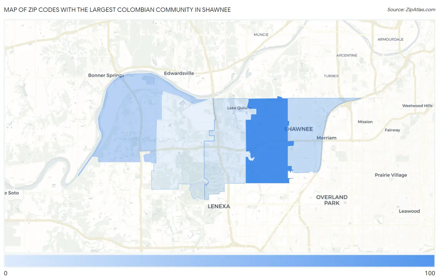 Zip Codes with the Largest Colombian Community in Shawnee Map