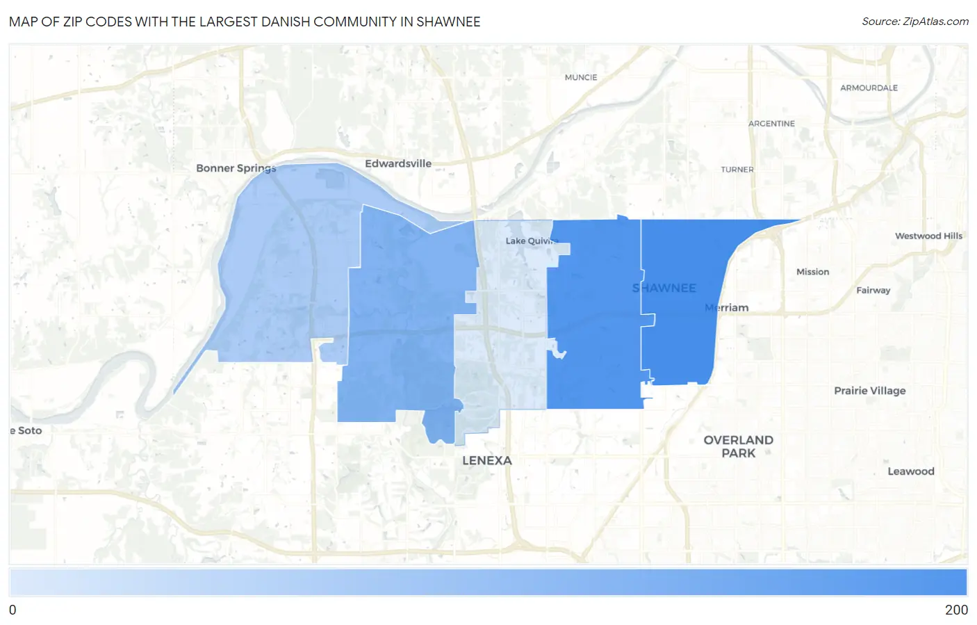 Zip Codes with the Largest Danish Community in Shawnee Map