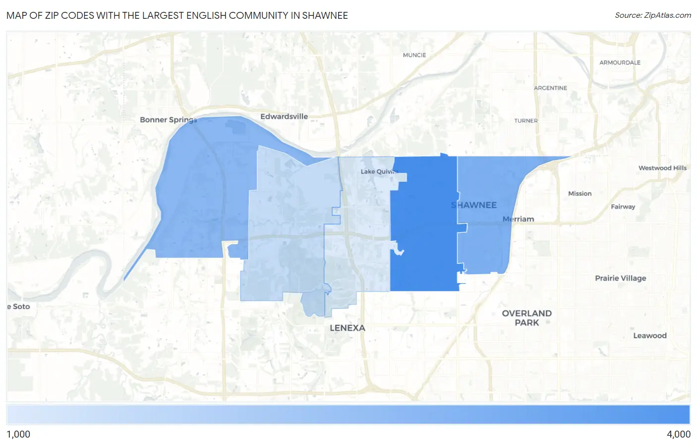 Zip Codes with the Largest English Community in Shawnee Map
