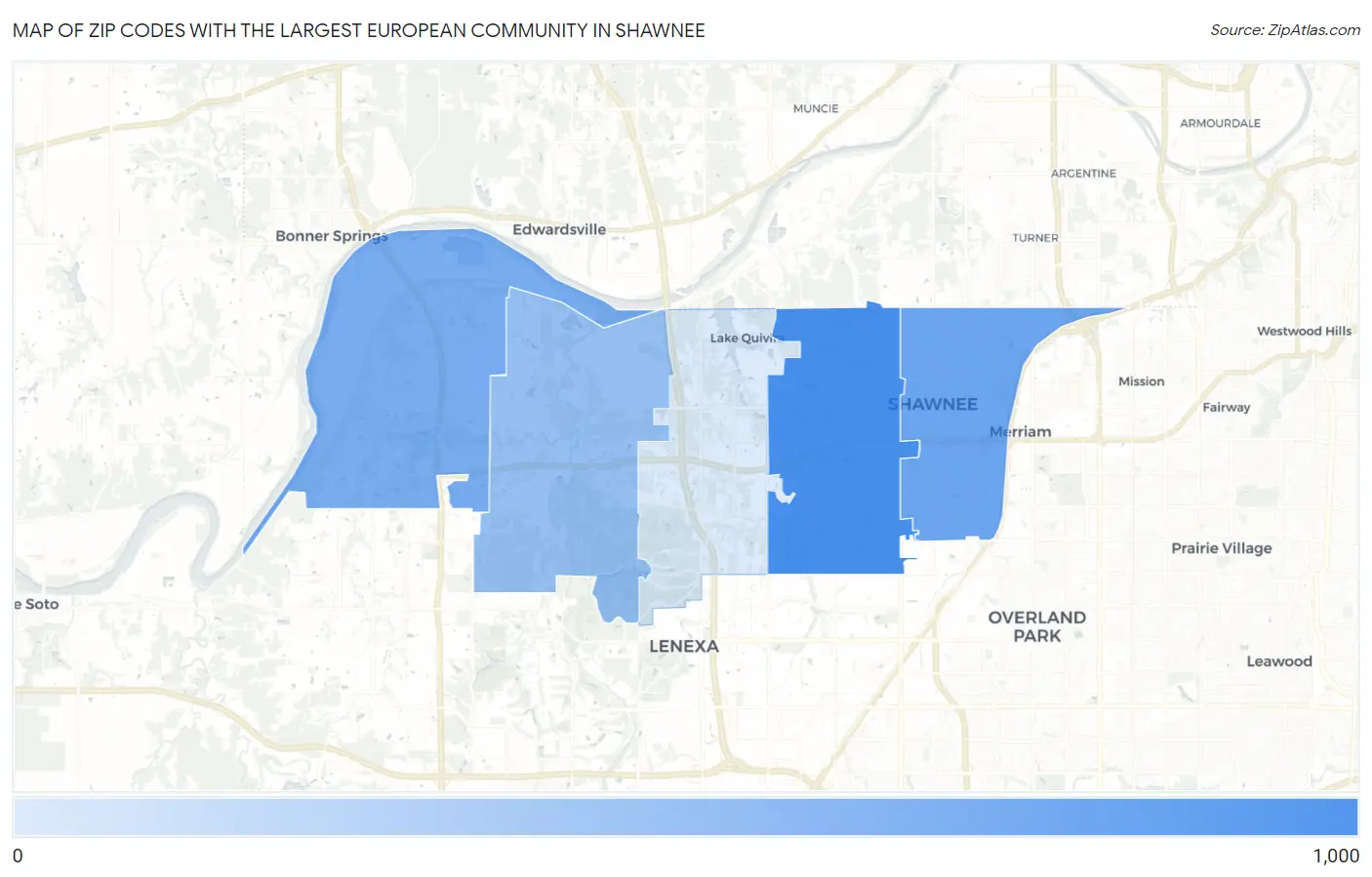 Zip Codes with the Largest European Community in Shawnee Map