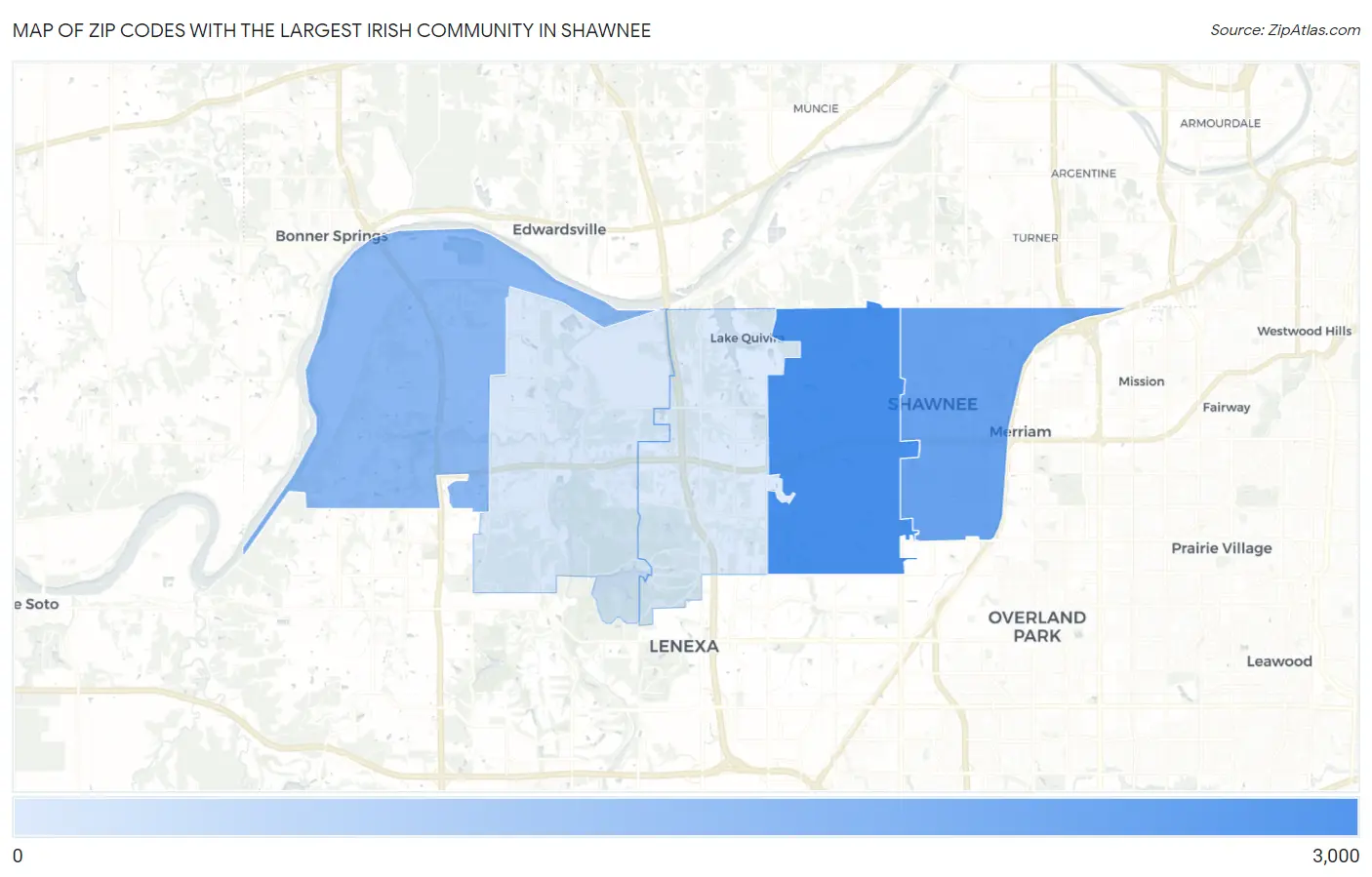 Zip Codes with the Largest Irish Community in Shawnee Map