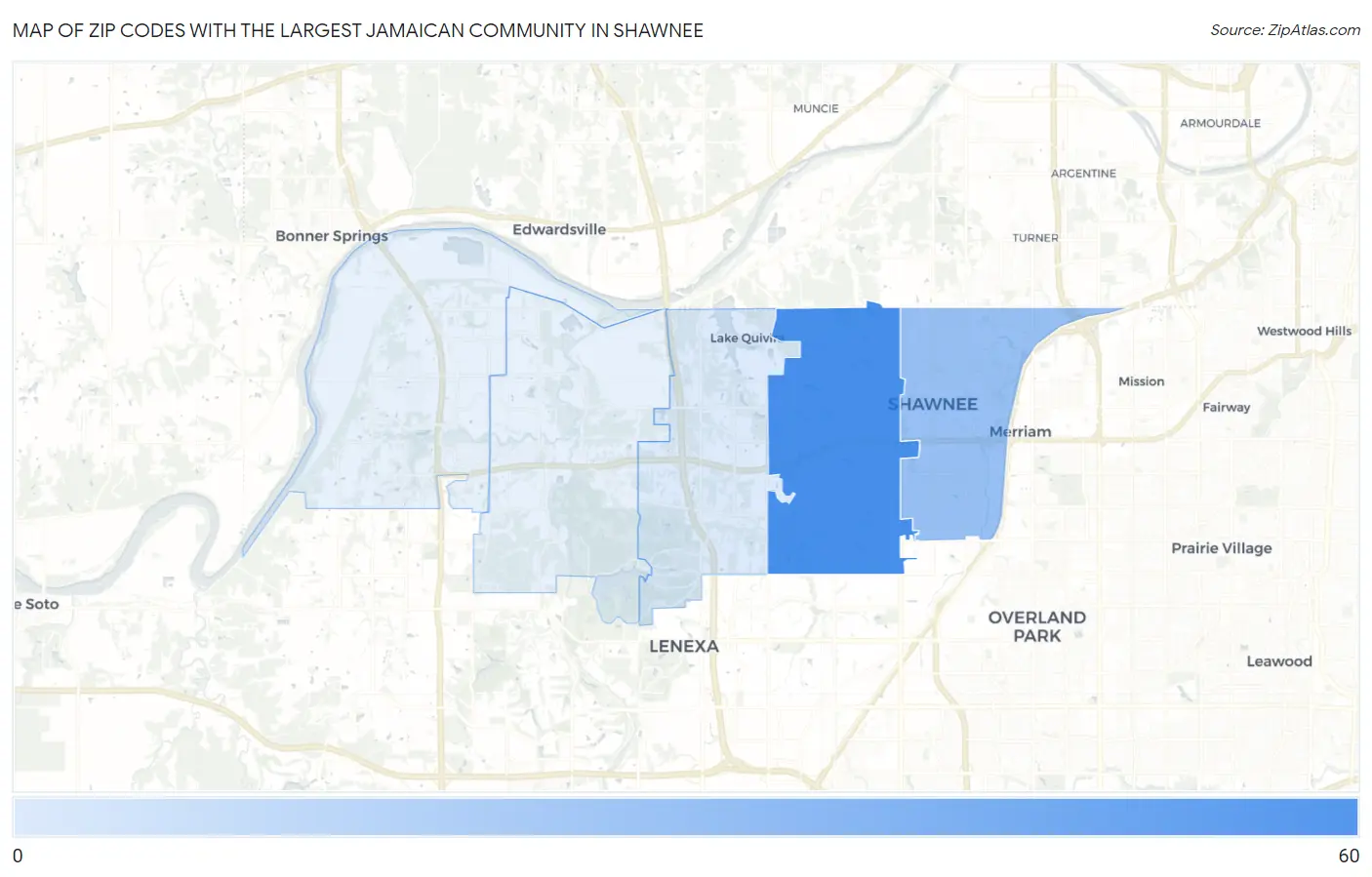 Zip Codes with the Largest Jamaican Community in Shawnee Map
