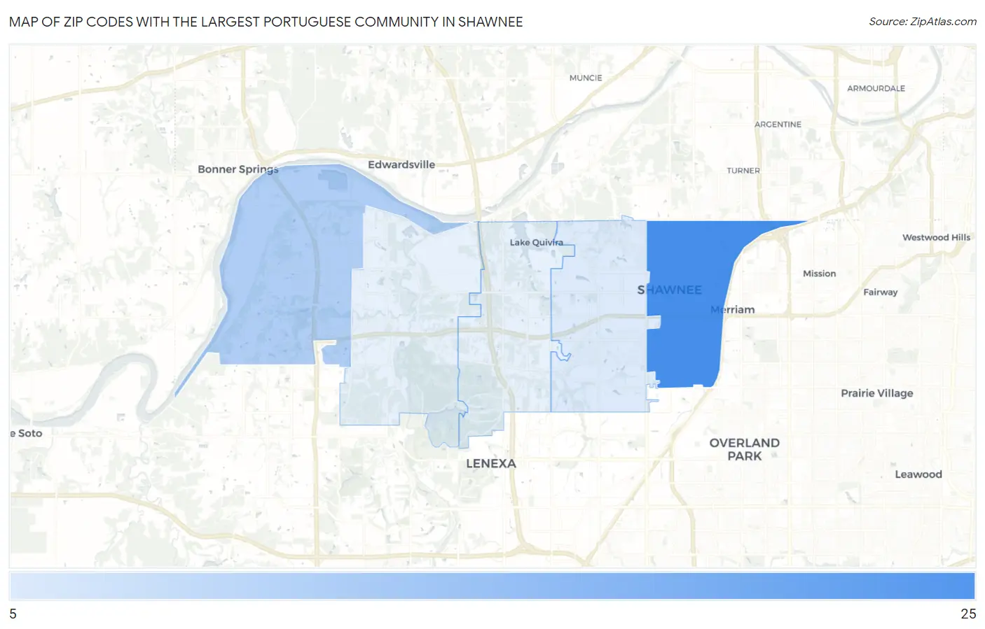 Zip Codes with the Largest Portuguese Community in Shawnee Map