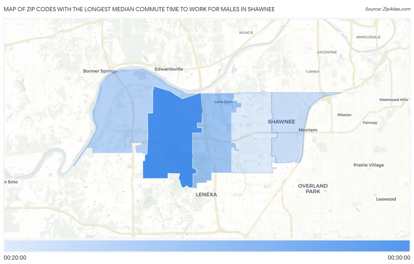 Zip Codes with the Longest Median Commute Time to Work for Males in Shawnee Map