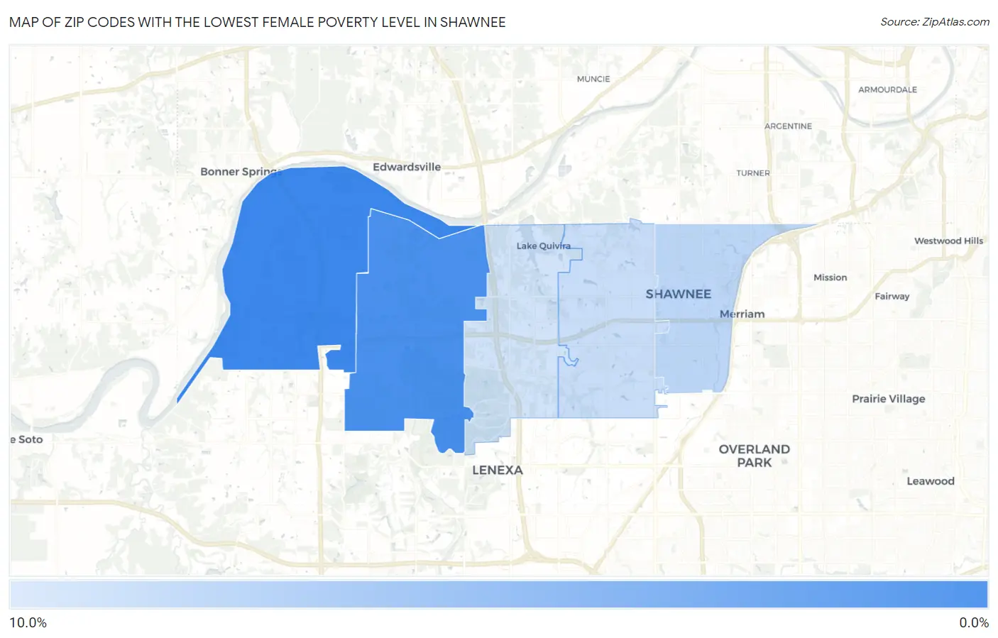 Zip Codes with the Lowest Female Poverty Level in Shawnee Map