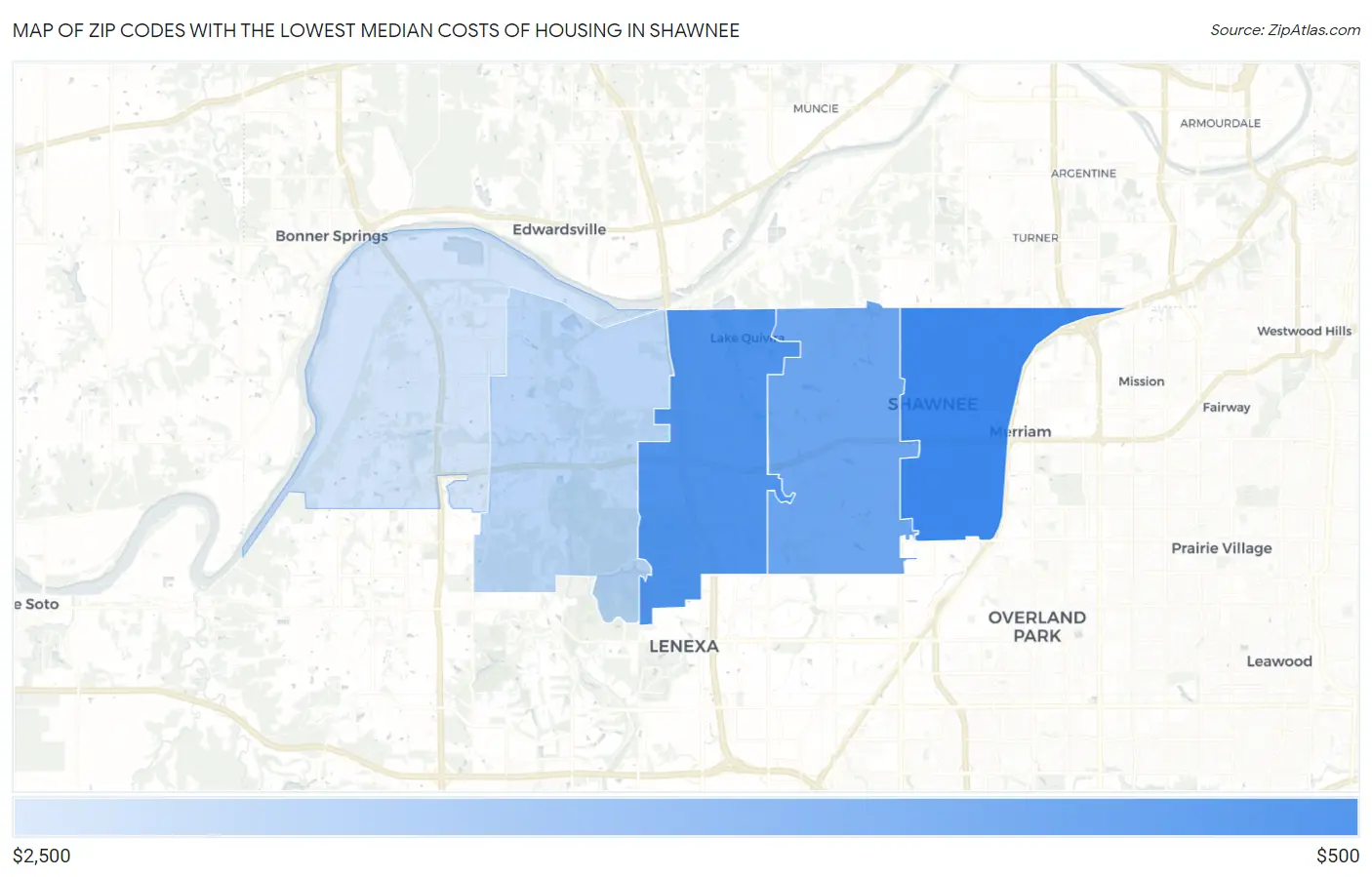 Zip Codes with the Lowest Median Costs of Housing in Shawnee Map