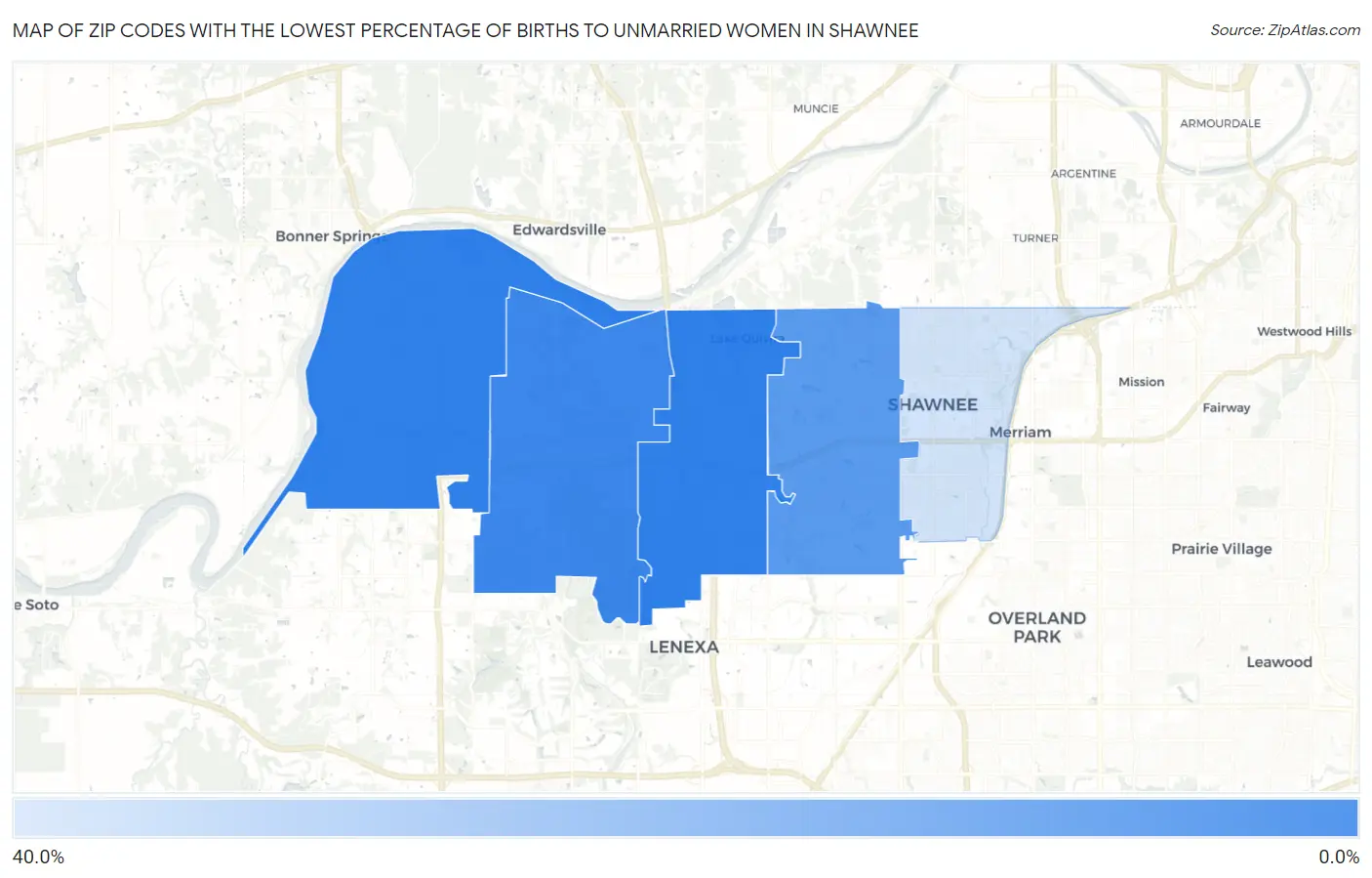 Zip Codes with the Lowest Percentage of Births to Unmarried Women in Shawnee Map