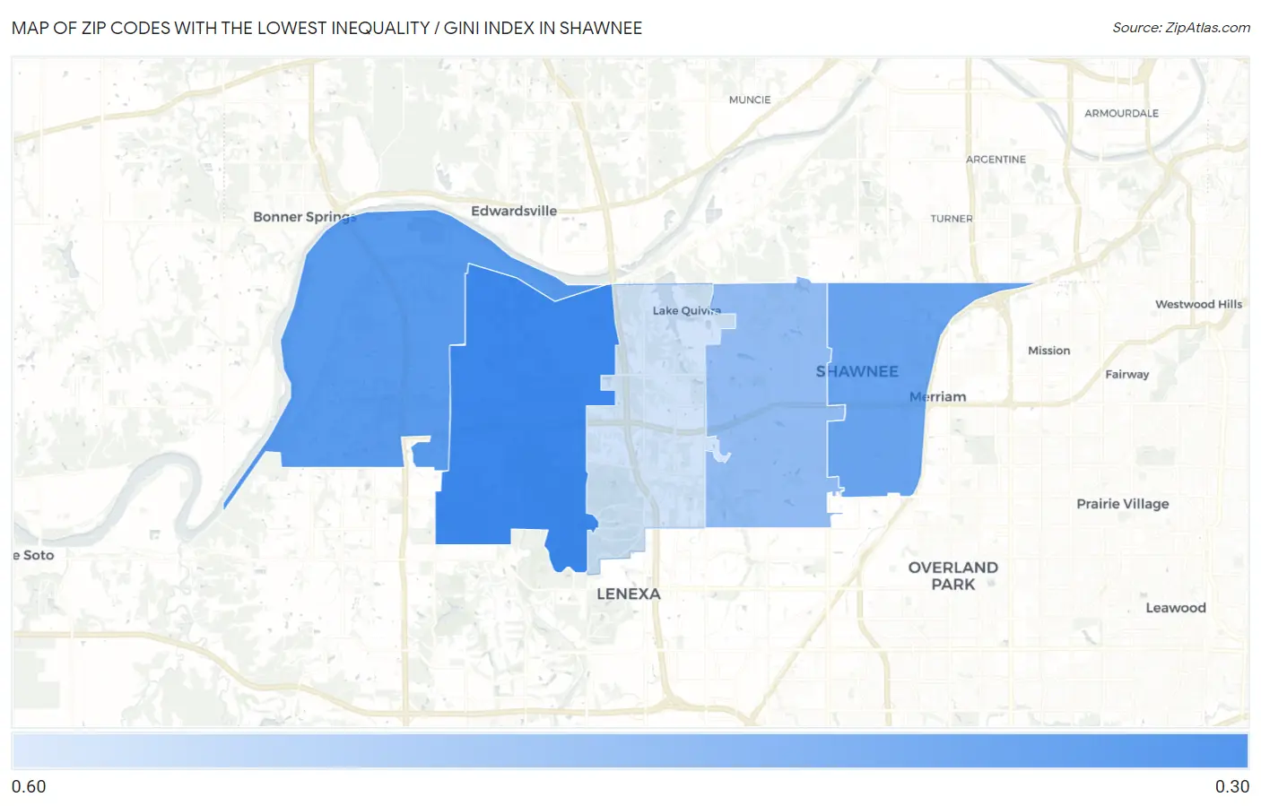 Zip Codes with the Lowest Inequality / Gini Index in Shawnee Map