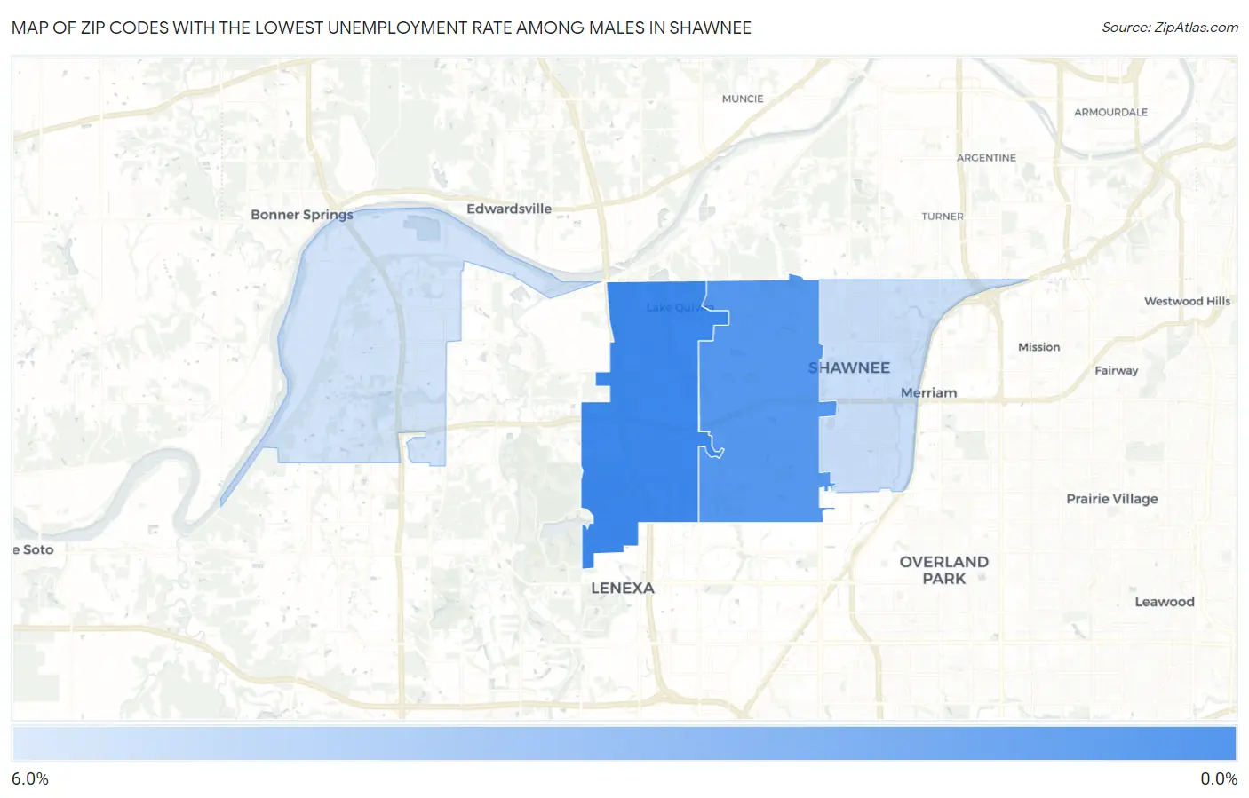 Zip Codes with the Lowest Unemployment Rate Among Males in Shawnee Map