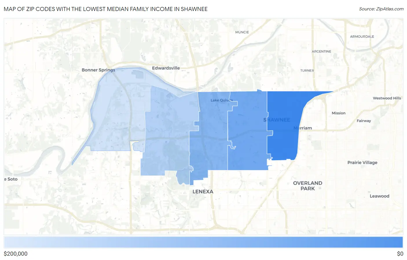 Zip Codes with the Lowest Median Family Income in Shawnee Map