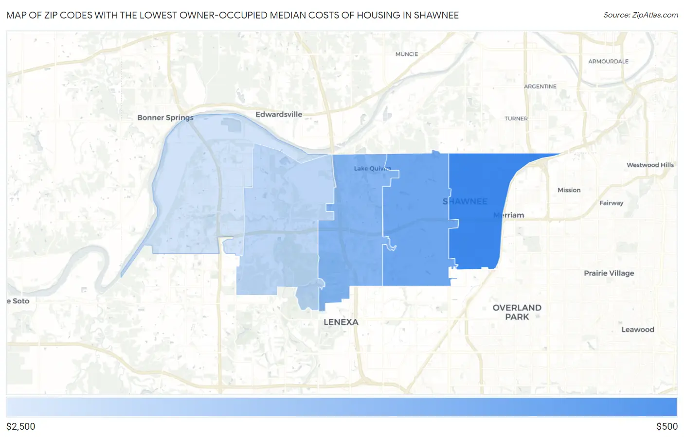 Zip Codes with the Lowest Owner-Occupied Median Costs of Housing in Shawnee Map
